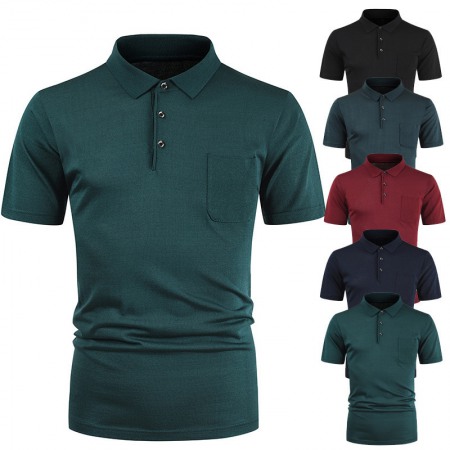 New Fashion Men's Pullover T-Shirt Youth Solid Color Pocket Lapel T-Shirt