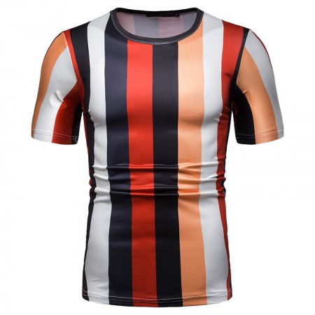 New Summer Men's Short-Sleeved T-Shirt Contrast Striped Slim Casual T-Shirt